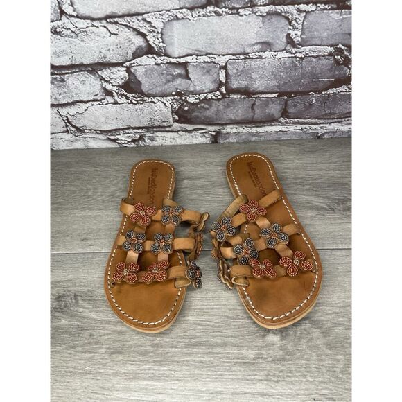 Laidback London Brown Leather Handmade Boho Floral Beaded Sandals Women 7US/38EU - Picture 2 of 16